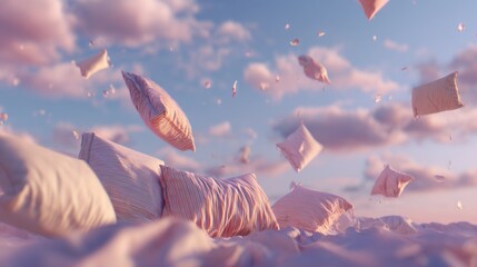White pillows floating in the air against a soft sky with clouds during twilight