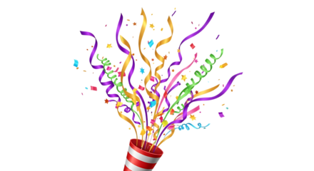 Ultra highresolution, professional studio photography of illustration of confetti and streamers exploding from a party popper, isolated on transparent background