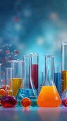 Laboratory glassware with colorful chemical solutions on a reflective surface