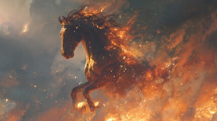 A horse engulfed in flames, galloping through a fiery sky with dramatic lighting and swirling embers.