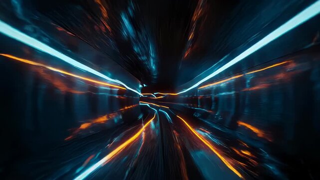 A dynamic tunnel of blue and orange neon lights speeds through a dark space, abstract composition