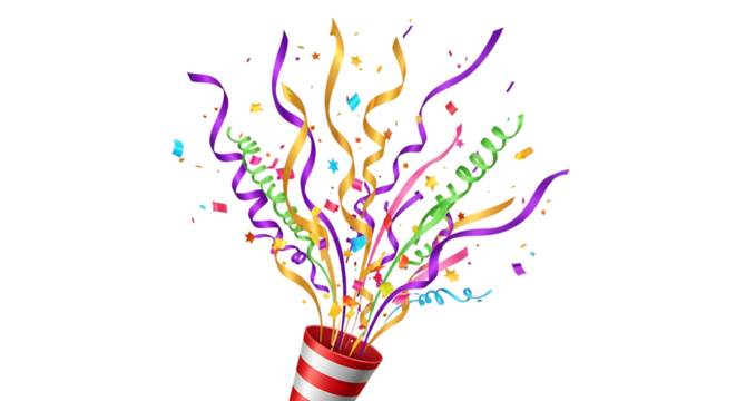Ultra highresolution, professional studio photography of illustration of confetti and streamers exploding from a party popper, isolated on transparent background