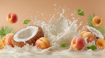 Coconut and peach fruits with milk splash in motion