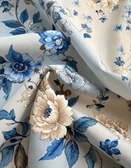 Elegant Floral Fabric with Blue and Cream Blossoms for Textile Design.