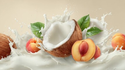 Fresh coconut and peaches splashing in milk with green leaves