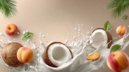 Coconuts and peaches splashing in milk with green leaves on a beige background