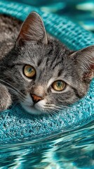 A gray tabby cat resting on a blue textured surface in water, with striking yellow eyes and wet fur.