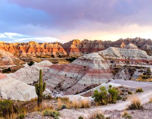 Colorful badlands landscape at sunset