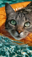 A tabby cat with striking green eyes floats in a pool, resting on an orange floatation device.