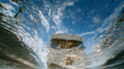 Underwater view of a vehicle partially submerged in water with sky reflection