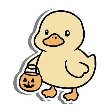Cute cartoon duck holding a Halloween bucket with jack o lantern face. Fun and festive illustration perfect for kids, seasonal designs, and holiday themed content.