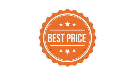 Ultra highresolution, professional studio photography of illustration of orange circular badge with best price text and stars, isolated on a transparent background