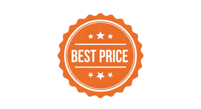 Ultra highresolution, professional studio photography of illustration of orange circular badge with best price text and stars, isolated on a transparent background