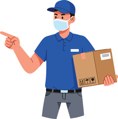 Delivery man in blue uniform, holding package, pointing hand, wearing face mask, logistics worker, courier service, shipping box, pandemic safety
