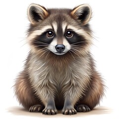 Fototapeta premium Small fluffy raccoon sitting on white background animal