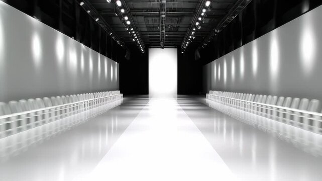 Empty Fashion Runway with White Chairs and Bright Light at the End Reflective Floor and Minimalist Design Ideal for Runway Shows and Fashion Events Dramatic Lighting in a Modern Architecture Setting
