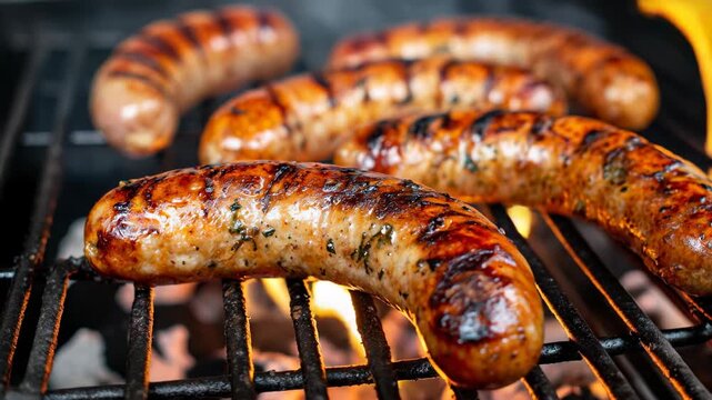Close-up of grilled sausages on barbecue &mdash; warm tones and smoky textures evoke appetite and culinary pleasure.