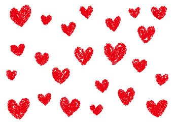 クレヨン素材　ランダムなハート柄の背景