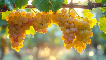 yellow grapes on the vine, bokeh lights in the background, abundant table and wine grape varieties