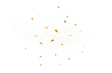 3d golden confetti flying. Bright golden explosion tinsel on carnival party, fireworks holiday event, surprise birthday. Vector decoration greeting card for Christmas, New Year, Valentines day