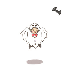おばけの仮装をして飛び跳ねている女の子と飛んでいるコウモリ