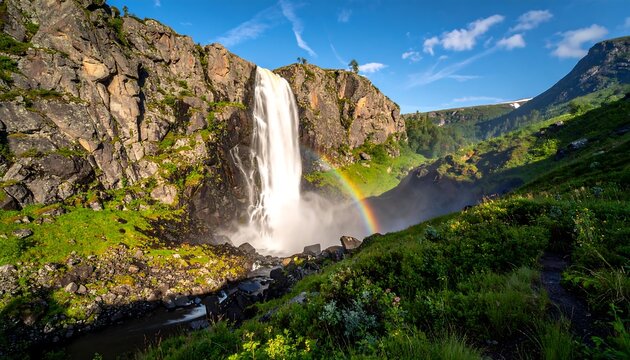 Majestic Waterfall Scene with Rainbow and Lush Greenery. - Powered by Adobe
