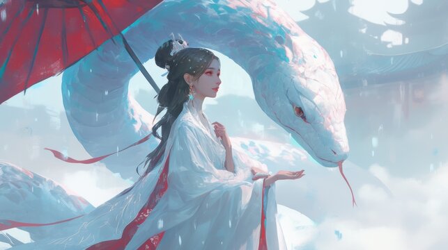 A woman in flowing white robes stands beside a large serpentine dragon under a red umbrella in a mystical, snowy landscape.