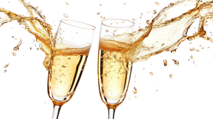 Two champagne flutes toasting with a splash of bubbly isolated on transparent background