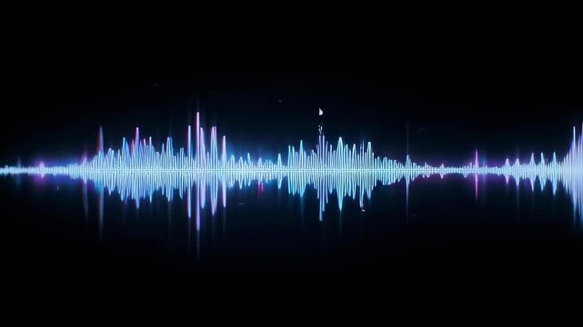 Glowing, abstract sound wave form on a black background, dynamic with blue, pink, and purple colors
