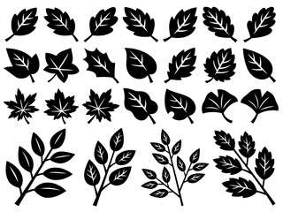 葉っぱと枝の切り絵風シルエットイラストセット