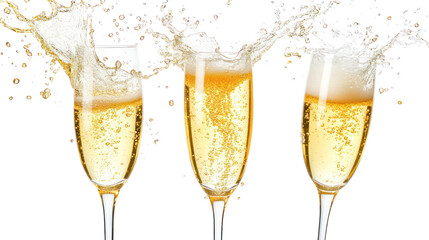 Three champagne flutes with splashing bubbly liquid isolated on transparent background