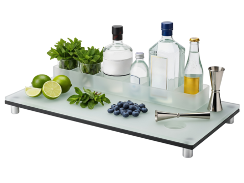 Bar service tray with cocktail ingredients and mixing tools on a transparent background