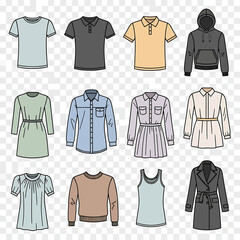 Comprehensive Outline Vector Collection of Everyday Garments, Including Shirts, Dresses, and Outerwear for Retail Display and E-commerce Platforms