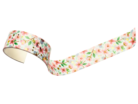 Curled strip of decorative craft tape with a floral pattern on a transparent background