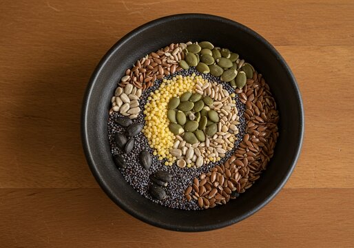 Artistic circular arrangement of various healthy edible seeds in a dark bowl on a wooden surface.