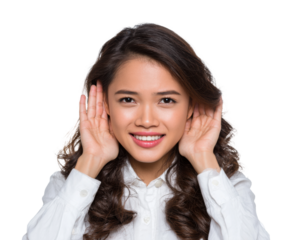Joyful woman listening portrait isolated on transparent background