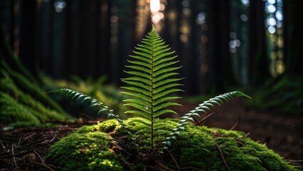 A lone fern stands vibrant on moss in a dark, serene forest, illuminated by soft light filtering through the trees.