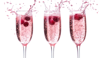 Three glasses of pink champagne with raspberries splashing isolated on transparent background