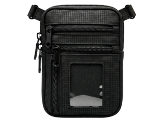 Small black nylon travel pouch with multiple zippered pockets on a transparent background