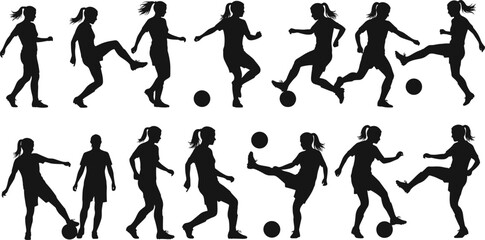 Soccer silhouettes, football players in action, kicking ball, dribbling, dynamic poses, sports movement, athlete shapes, black figures, isolated white backgroundSoccer silhouettes, football play