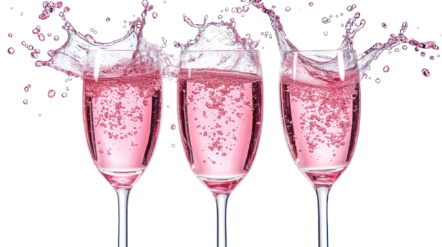 Three flutes of pink champagne splashing isolated on transparent background