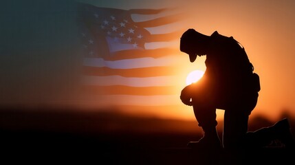 Solemn silhouette of military soldier bowing head against sunset backdrop with American flag overlay, representing patriotism and sacrifice in armed forces service