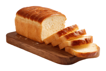 Sliced white bread loaf on wooden board kitchen isolated on transparent background