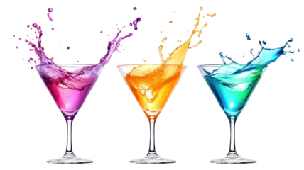 Three colorful cocktails splashing in martini glasses isolated on transparent background
