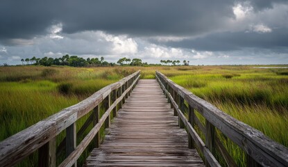 Wooden boardwalk path through a marsh, leading to a distant horizon under a stormy sky
