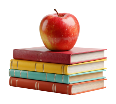Learning with books and apple study desk educational isolated on transparent background