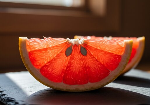 Backlit red grapefruit slices glowing in the warm morning sunlight.