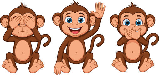 Three wise monkeys cartoon, see no evil, speak no evil, cheerful monkey, ethics illustration, moral proverb, cute animal characters, isolated