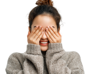 Joyful woman covering face with hands portrait smiling isolated on transparent background