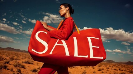 Stylish woman holding huge red SALE bag in desert setting, combining fashion, travel, and advertising aesthetics. - Powered by Adobe